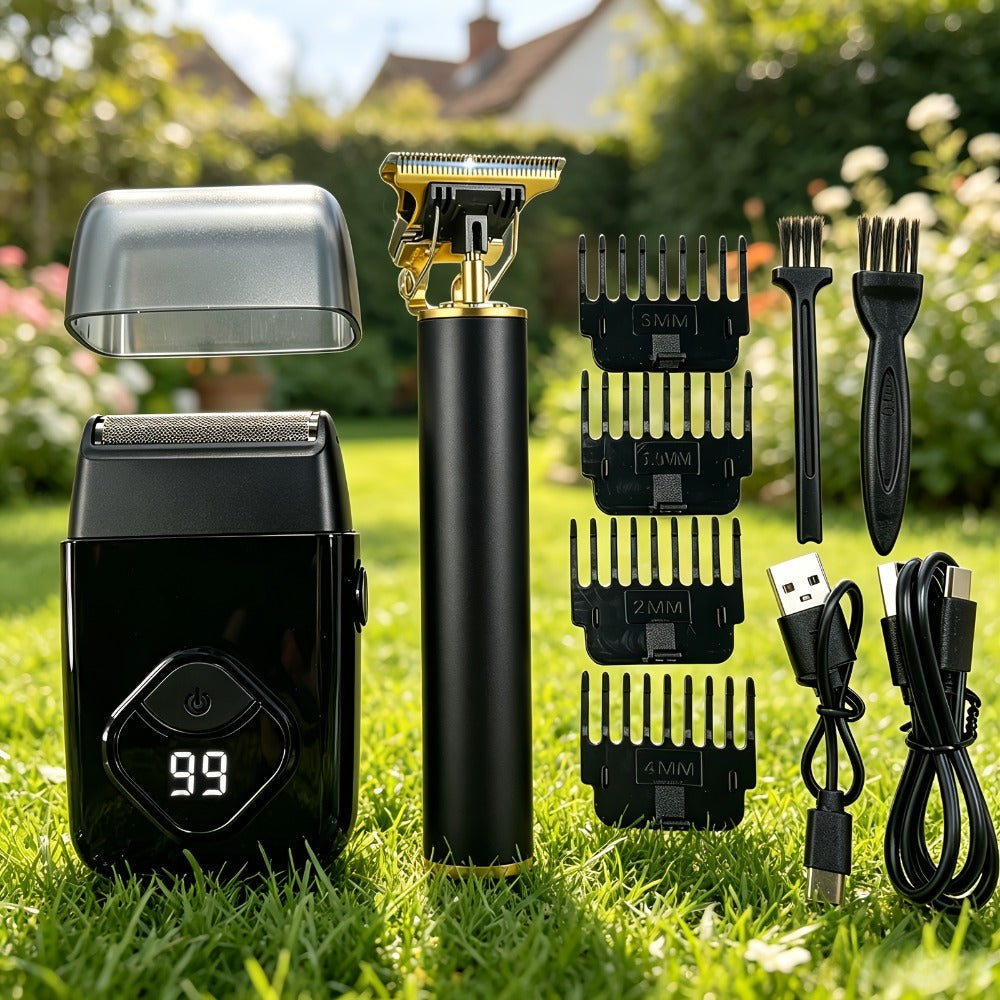 Electric Grooming Kit Foil Shaver Beard Trimmer & Nose Ear Hair Trimmer Set with LCD Power Display - Rechargeable 2 to 4 Piece Sets for Home, Travel & Car, Perfect Gift for Men, Husband & Father