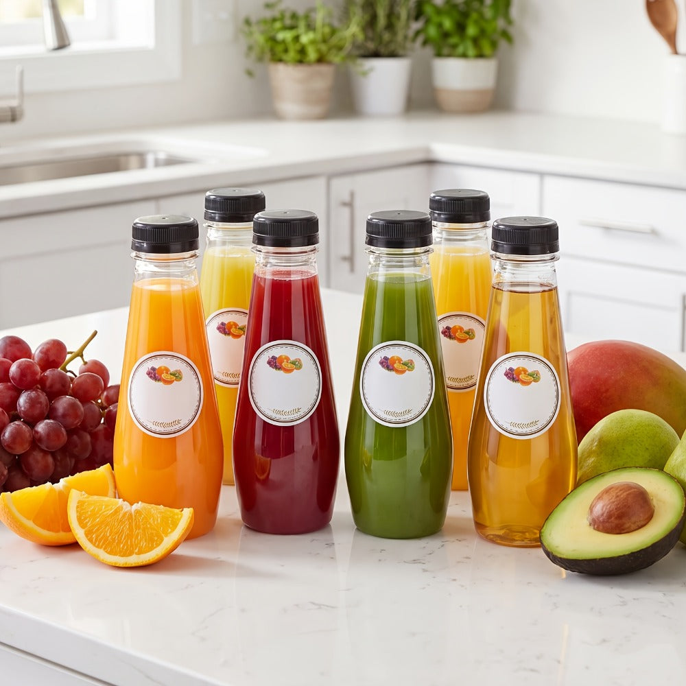 40pcs 12oz Empty Plastic Juice Bottles with Caps Bulk Reusable Clear Bottles for Juice Smoothies Tea Coffee 7.3x2.36in with Funnel & Brush