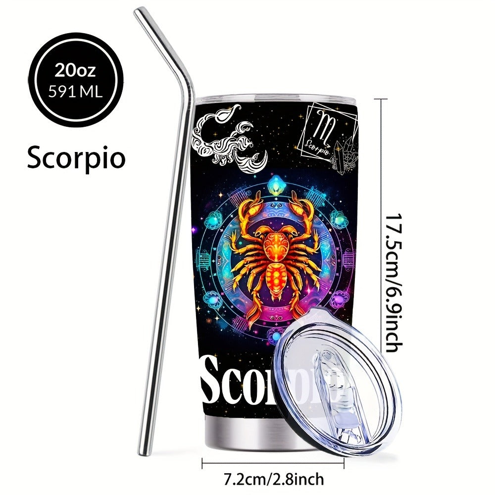 Zodiac Sign Insulated Tumbler 20oz Stainless Steel Travel Cup with Lid & Straw Hot Cold Drinks Horoscope Coffee Mug Gift for Men Women Birthday Christmas