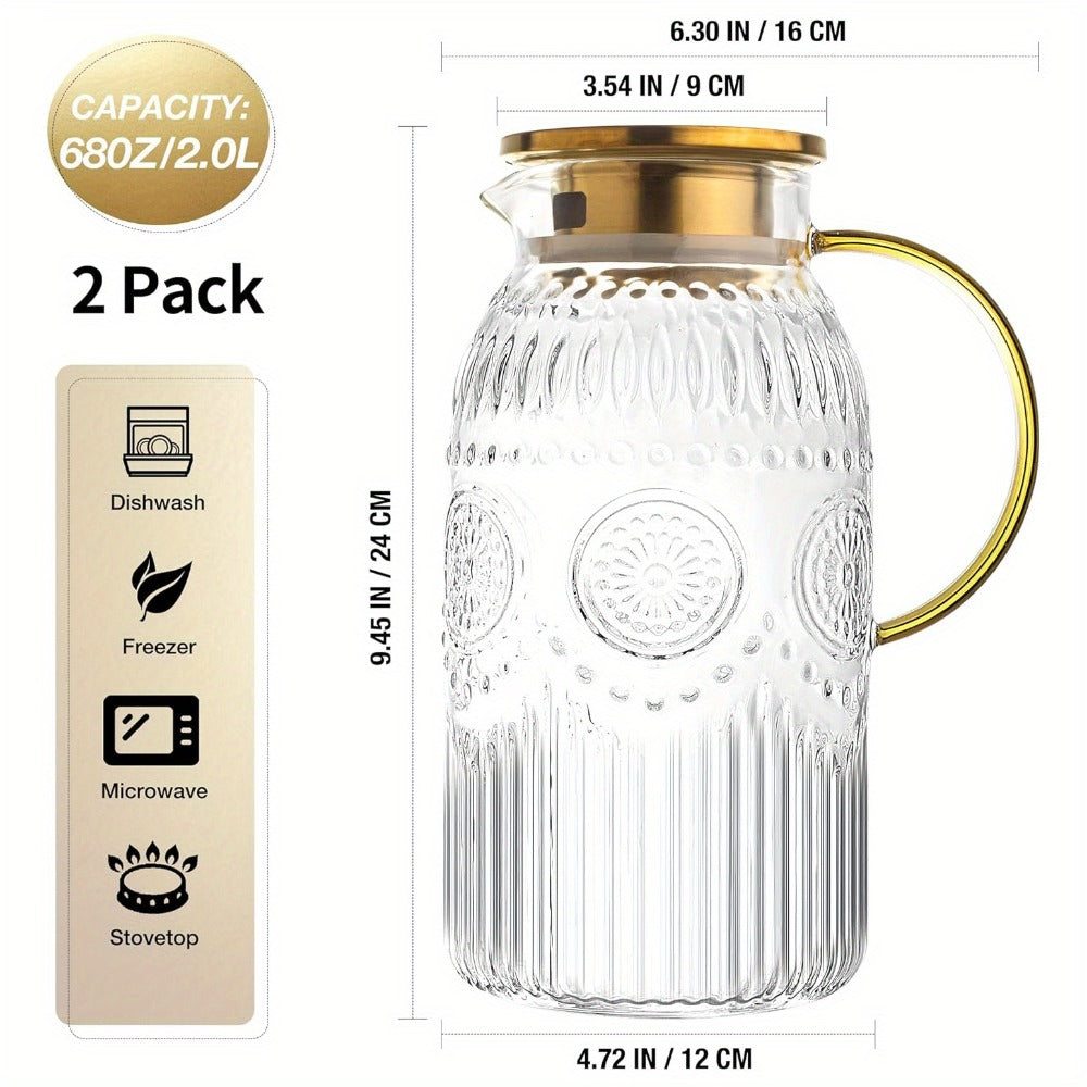 Glass Pitcher with Lid 68oz 2 Liter Heat Resistant Borosilicate Glass Water Carafe Vintage Design for Cold Brew Coffee Lemonade Iced Tea Juice Parties Picnics Camping Office Kitchen