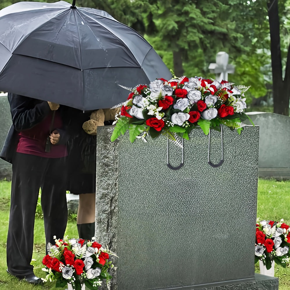 Artificial Cemetery Flowers for Grave with Saddle, Silk Rose Bouquet Headstone Decoration, Memorial Day Grave Flowers, Outdoor Grave Marker Floral Arrangement, 1/2/3 PCS
