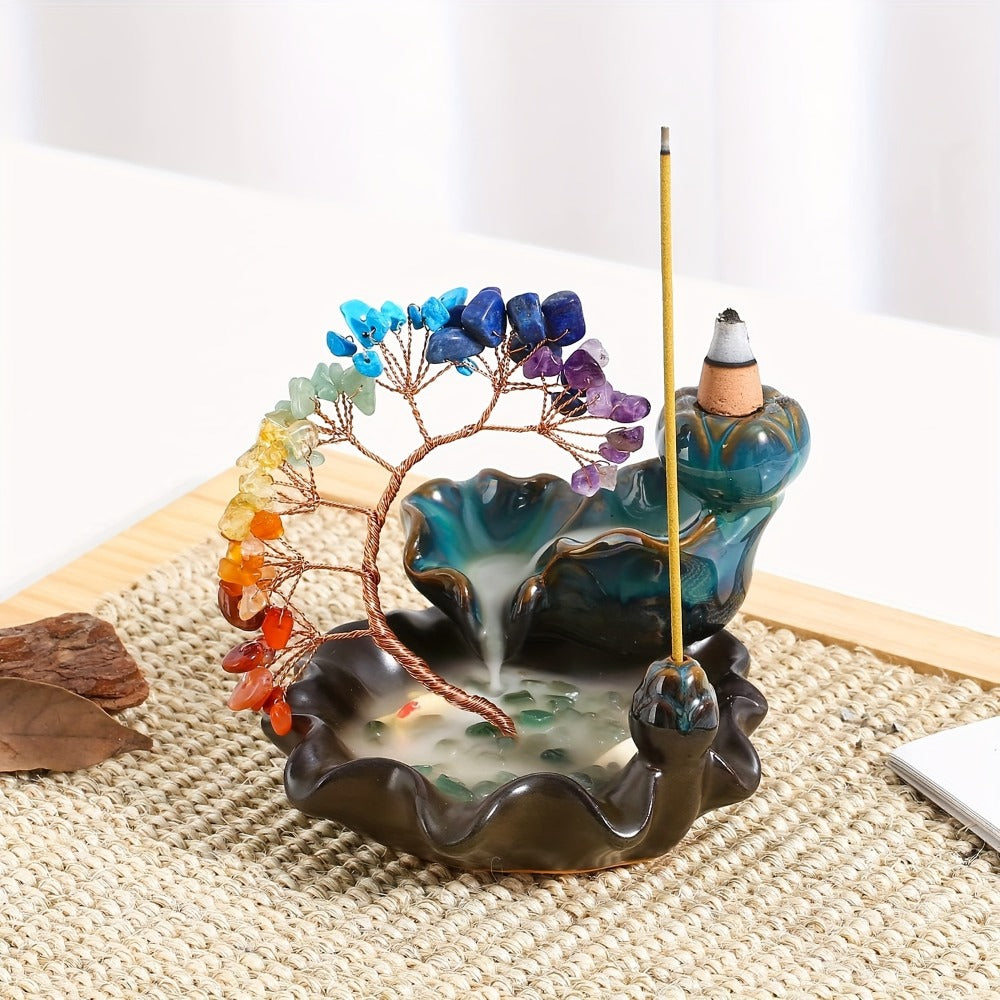 Backflow Incense Burner Crystal Money Tree Waterfall Smoke Incense Holder Ceramic Cone Stick Burner for Yoga Meditation Home Decor Altar Decoration