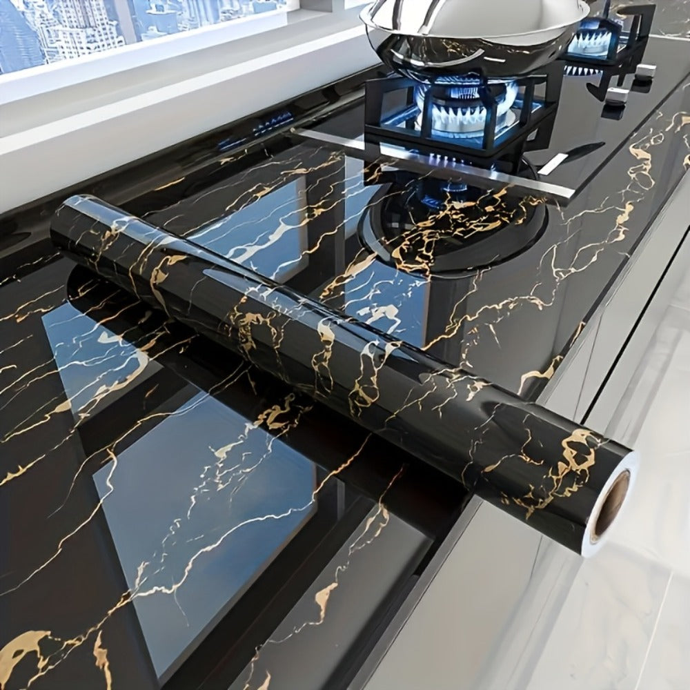 Black Marble Wallpaper Self-Adhesive Peel and Stick | Gold Vein Kitchen Backsplash Contact Paper | 23.62¡± x 196.85¡± Large Removable Wall Sticker for Modern Home Decor, Countertop & Furniture Wrap