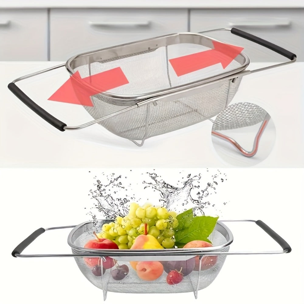 Expandable Sink Colander Stainless Steel ¨C Over the Sink Strainer Basket with Fine Mesh & Rubber Grip, Adjustable Kitchen Drain Strainer for Vegetables, Fruits & Pasta, Small & Large Size