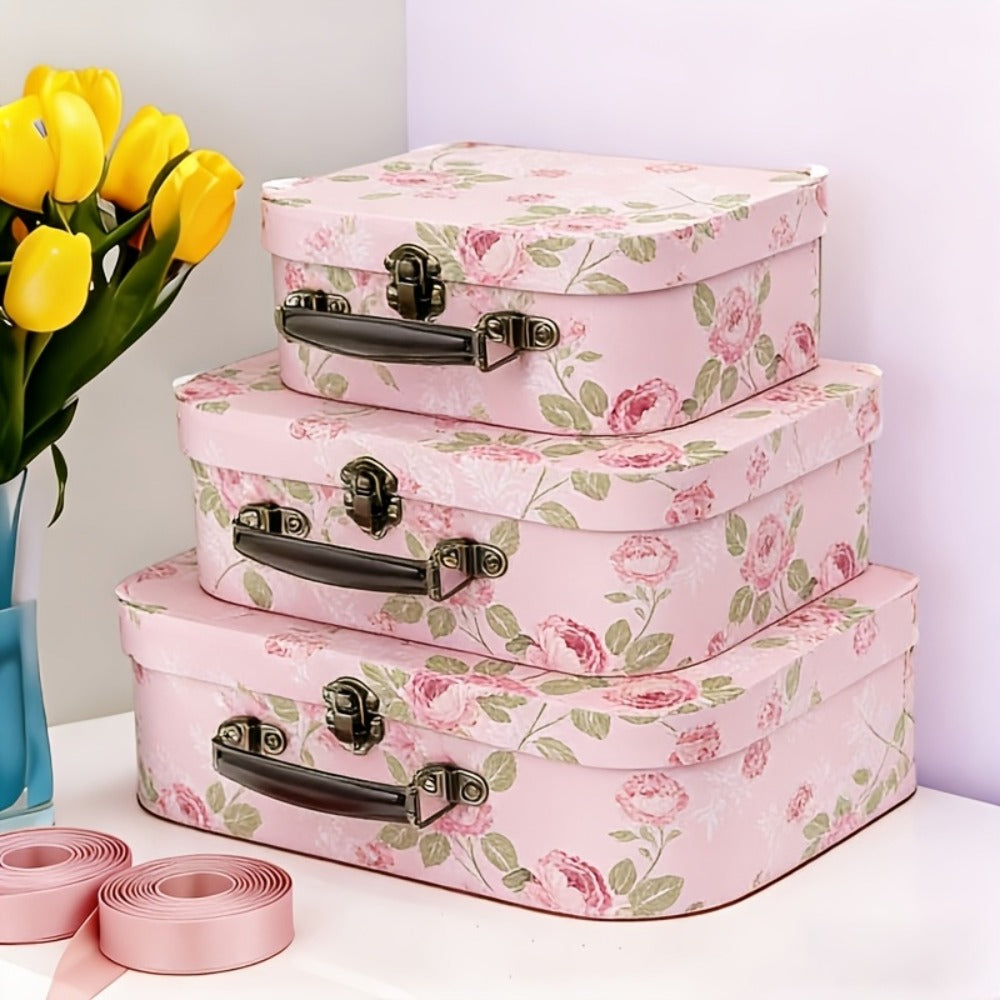 Vintage Cardboard Suitcase Set of 3 with Polka Dot Design & Lid - Decorative Storage Boxes for Wedding Party Favors Souvenirs Photos, Valentine Anniversary Christmas Gift Box