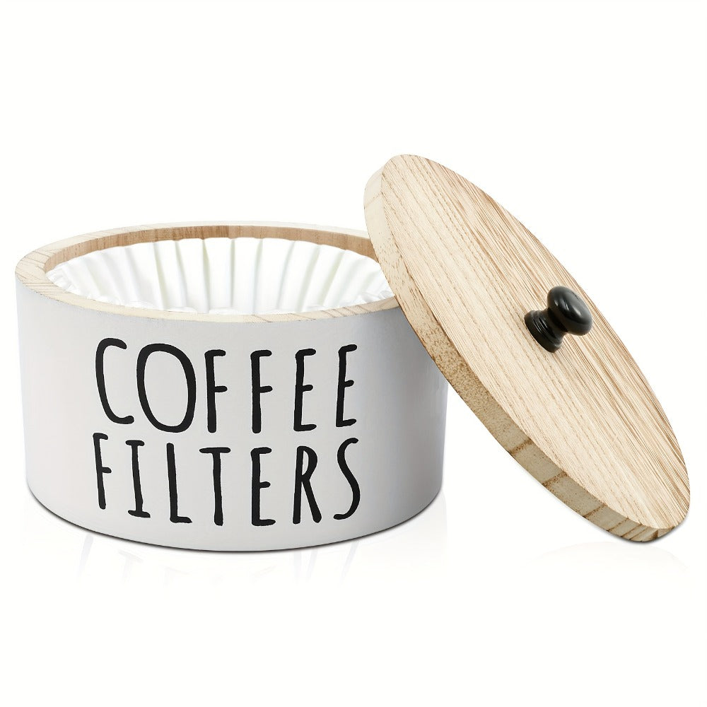 Wooden Coffee Filter Holder with Lid ¨C Large Capacity Rustic Round Organizer Dispenser for Coffee Filters & Tea Bags, Bamboo Lid, Kitchen Countertop Coffee Bar Decor