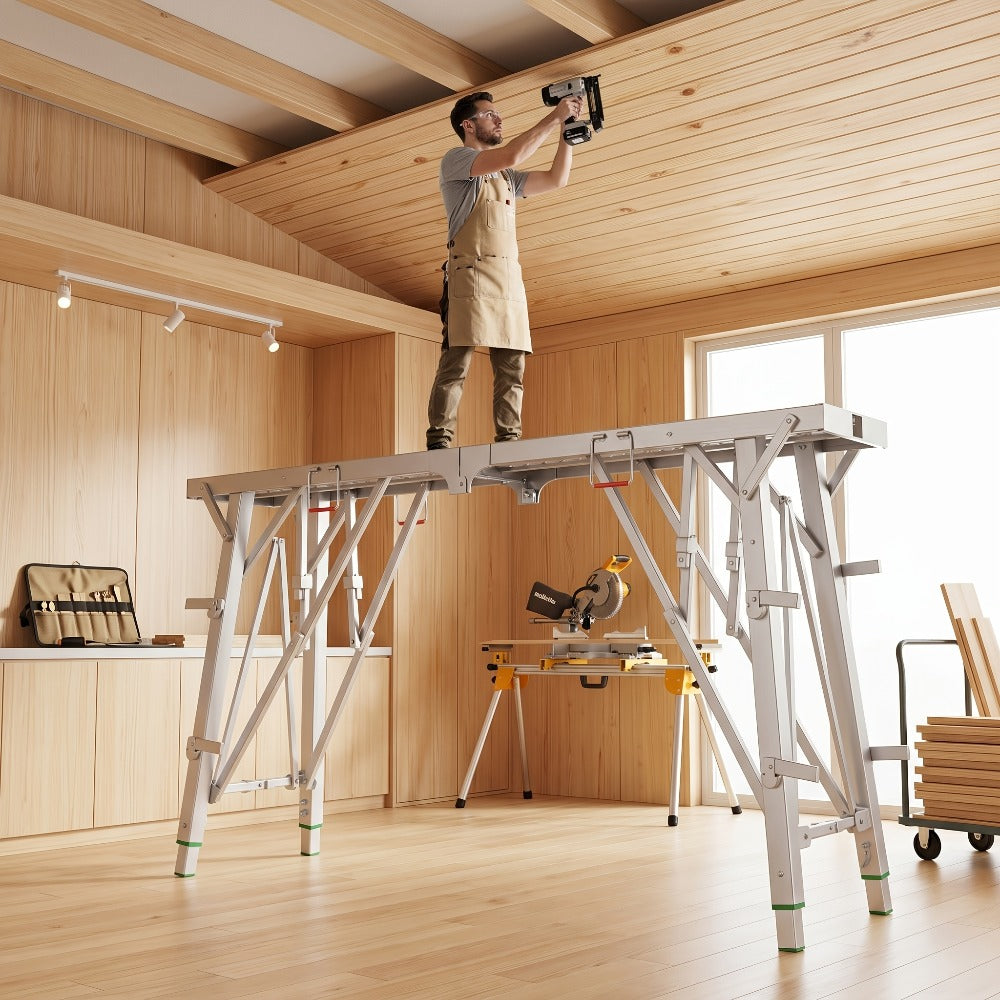 Heavy Duty Folding Work Platform Scaffold 1455 Lbs Capacity Portable Adjustable Height Ladder Stool ¨C Multi-Function Step Stool for Painting Home Renovation Construction Indoor Outdoor Use