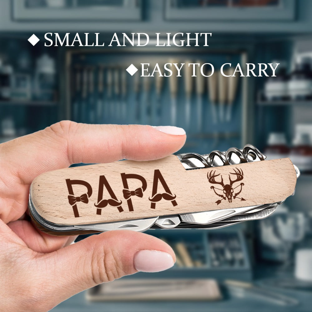 9-in-1 Multi-Purpose Keychain Tool Wood Handle Portable EDC Pocket Tool with Scissors Screwdriver Bottle Opener for Camping Hiking Emergency Home Outdoor Survival Lightweight Durable