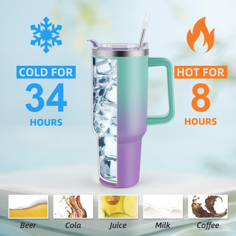 Insulated Tumbler 40 Oz with Carry Bag & Handle ¨C Stainless Steel Thermos with Straw & Spout Lid ¨C Ice Compatible Gym Water Bottle & Travel Mug ¨C Pink Blue Gradient Gift for Women & Teens