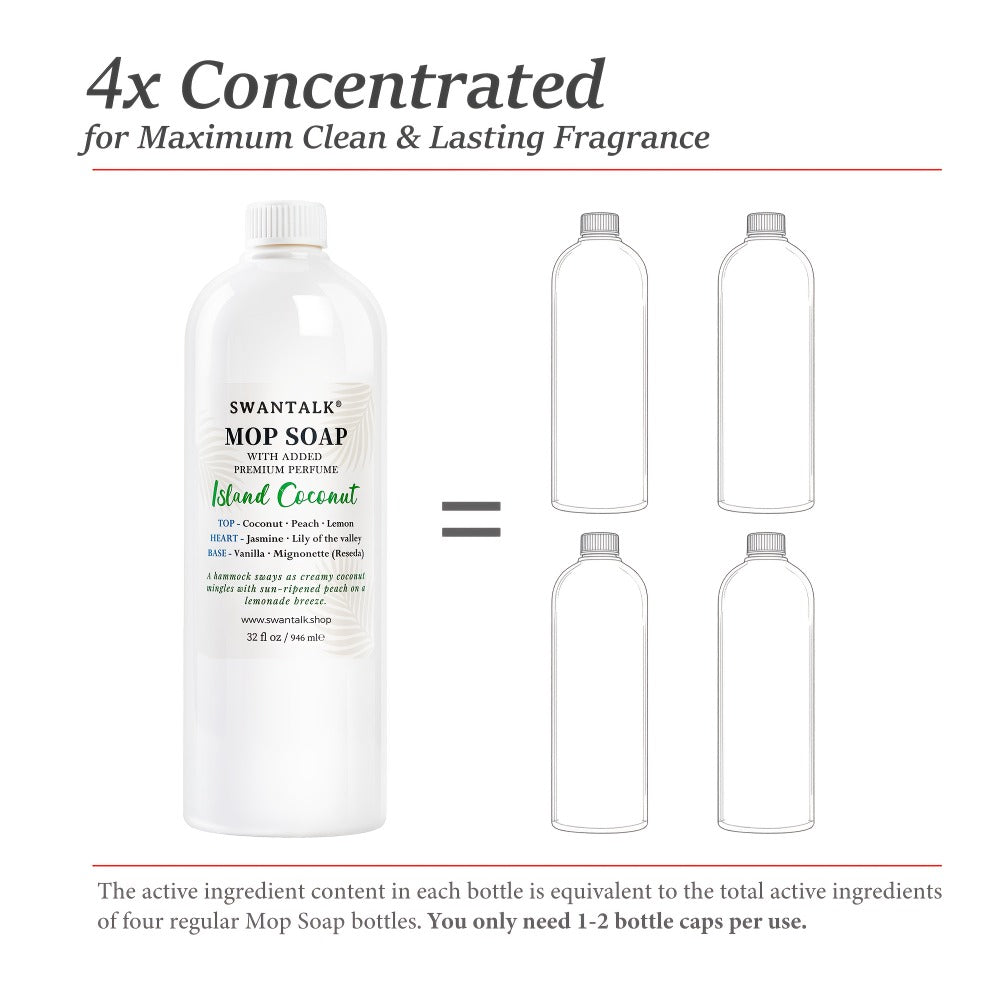 Concentrated Floor Cleaner 4X Formula 32 fl oz, SWANTALK Mop Soap Multi-Surface Streak-Free Floor Wash, Perfume-Inspired Deodorizing Cleaner, Pet Friendly ¨C Brazilian Breeze, Island Coconut, Pacific Linen