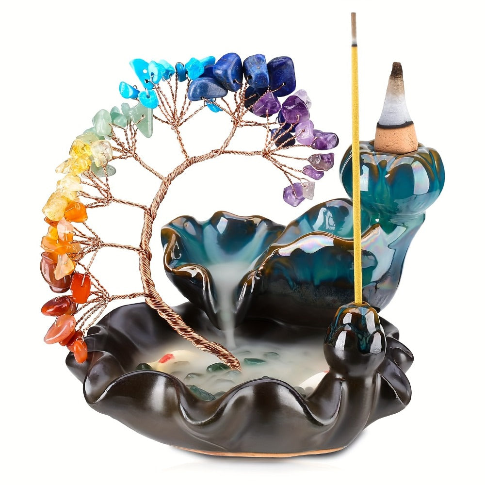 Backflow Incense Burner Crystal Money Tree Waterfall Smoke Incense Holder Ceramic Cone Stick Burner for Yoga Meditation Home Decor Altar Decoration