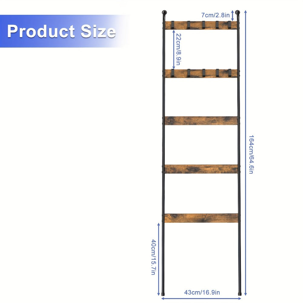 Blanket Ladder Rack 5 Tier with 10 Detachable Hooks - Freestanding Farmhouse Metal Towel Quilt Throw Storage Stand No Drilling Non-Slip Pads | Brown Black | Living Room Bathroom Bedroom Home Decor Organization