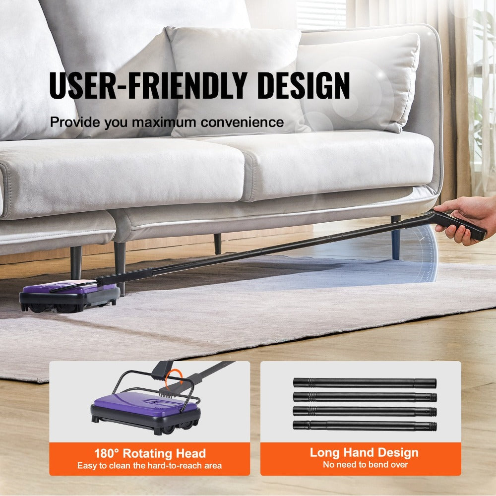 Manual Carpet Sweeper Push Non-Electric 300ml Dustbin 6.7in Width 180¡ã Rotating Head Quiet Floor Sweeper for Home Office Pet Hair Hardwood Tile
