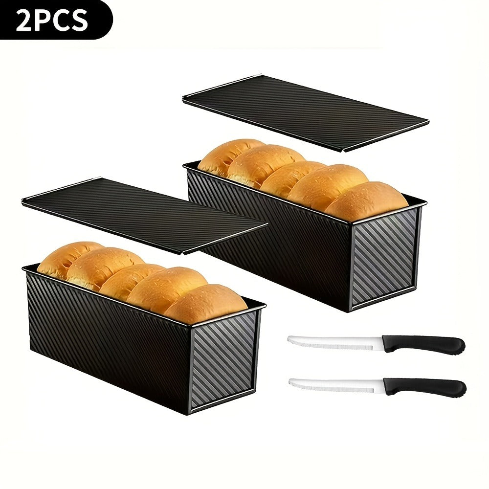 Pullman Loaf Pan with Lid, Extra Large 12.3x4.7x4.3 Inch Sandwich Bread Pan with Vent Holes, Nonstick Carbon Steel Toast Pan with Bread Knife, Square Loaf Pan for Sandwich Bread, Black or Gold