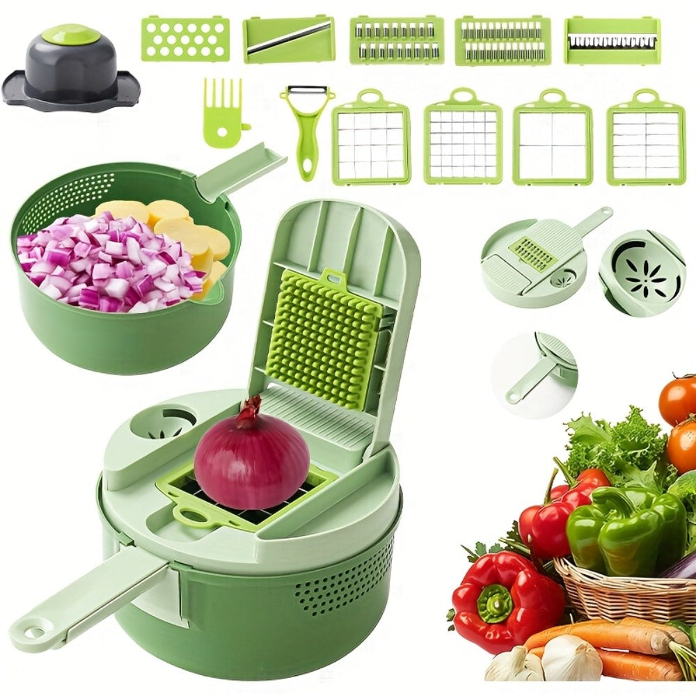 Vegetable Chopper 16-in-1 Heavy Duty Manual Food Processor with Container ¨C Onion Dicer, Potato Slicer, Garlic Mincer, Carrot Cutter, Multi-Function Kitchen Veggie Chopper for Tomato, Pepper, Cucumber