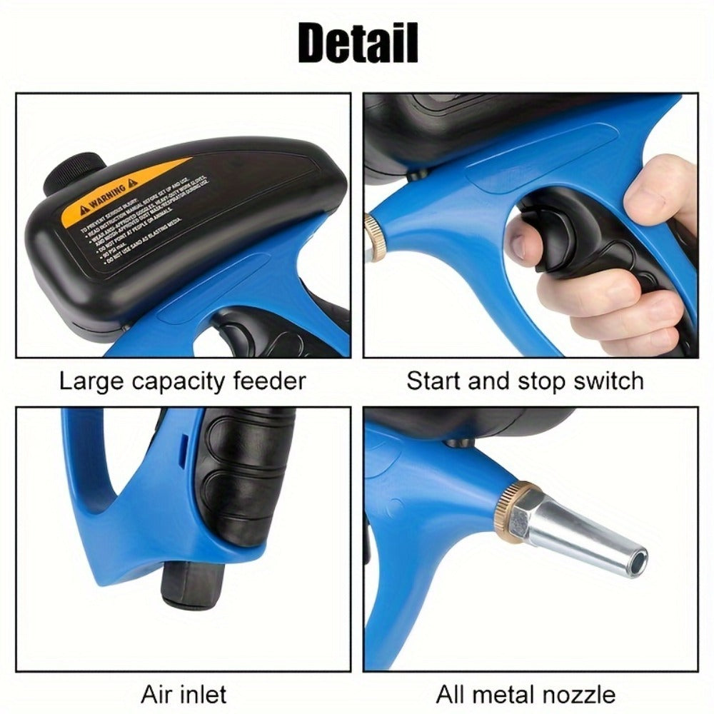 Sandblaster Gun for Air Compressor Pneumatic Abrasive Blasting ¨C 90 PSI Max, 500ml Tank, Small Nozzle, for Metal Rust Removal, Glass Etching, Polishing & Auto Repair ¨C Blue, Red & Yellow