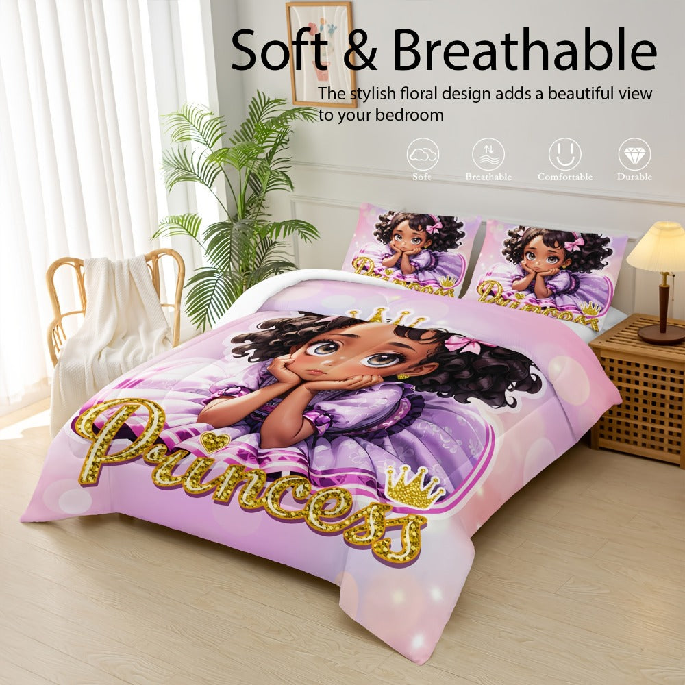 Comforter Set Queen Pink Princess Bedding Set 3 Piece Cute Floral Printed Bed Comforter with 2 Pillow Cases Soft Breathable Polyester All Season Bedding for Home Dorm Bedroom Decoration