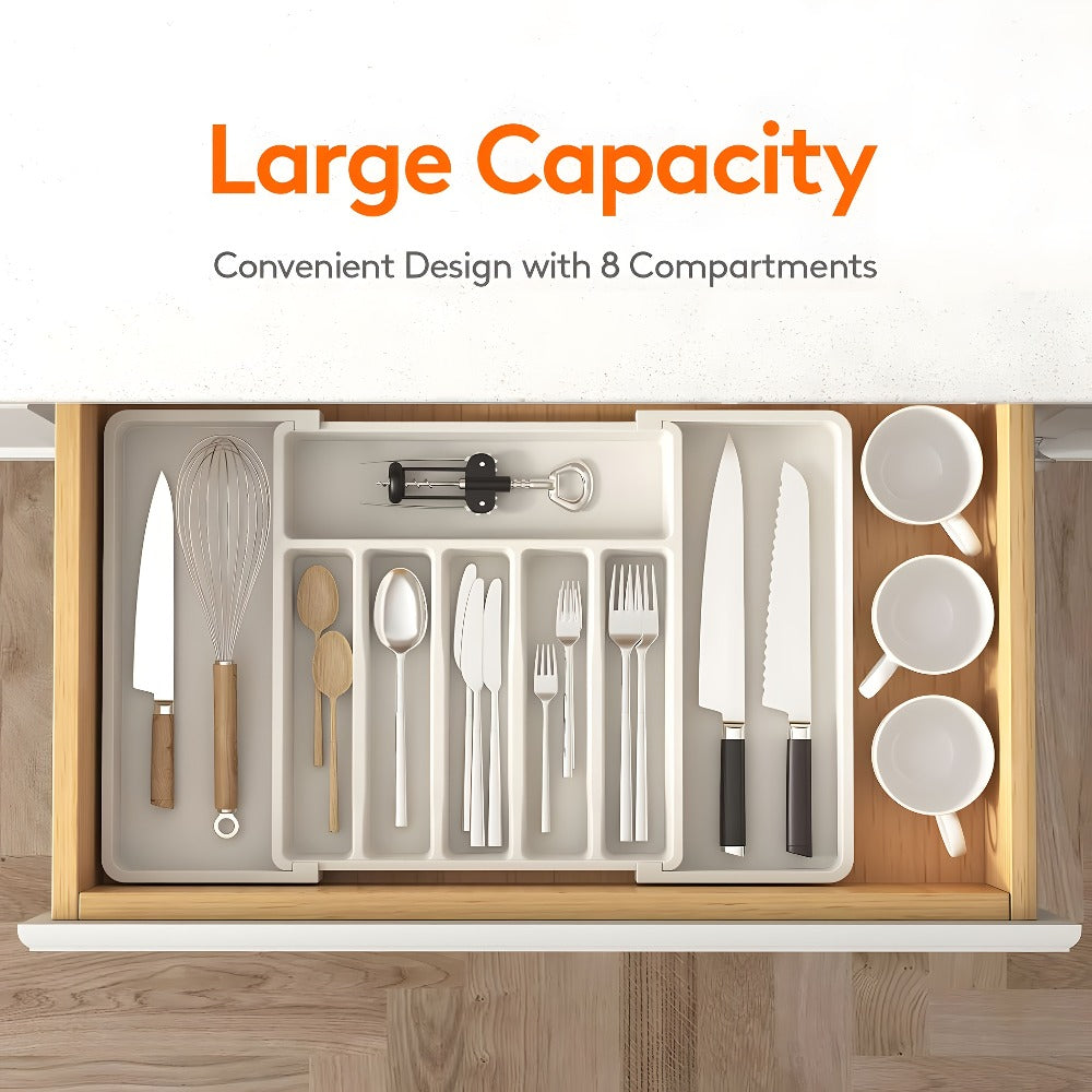 Silverware Organizer Adjustable Drawer Organizer | Utensil & Cutlery Storage Tray for Kitchen Drawer | Expandable Knife Fork Spoon Holder 22.4¡± x 15¡± x 2¡± | Kitchen Organization & Storage in Black Grey White