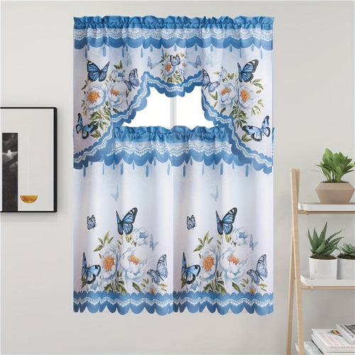 Blackout Kitchen Curtains 3-Piece Set with Butterfly Floral Print - Rod Pocket Window Curtains for Kitchen, Living Room, Bedroom, Bathroom & Restaurant, Polyester Fabric, Machine Washable