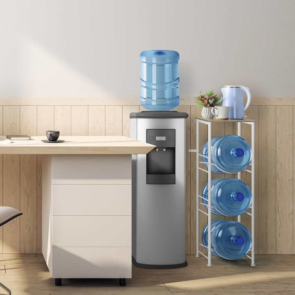 5-Gallon Water Jug Holder 3-Tier ¨C Heavy Duty Water Bottle Rack Organizer with Top Shelf & Adjustable Legs for Kitchen, Living Room & Office ¨C Particleboard & Steel Frame, White, Brown & Black