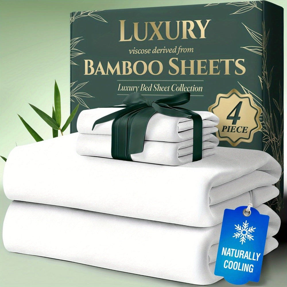 Bamboo Bed Sheet Set Twin Full Queen King - Cooling Soft Deep Pocket Fitted Sheets for Hot Sleepers, Moisture-Wicking Breathable Bedding Set Multiple Colors
