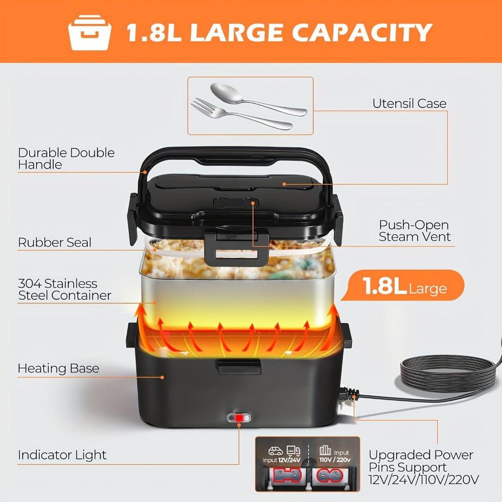 Electric Lunch Box Portable Food Warmer 60oz ¨C 110V Home & 12V/24V Car Heated Meal Container, Stainless Steel, Leak-Proof with Insulated Bag & Fork for Office, Truck, Travel & Camping