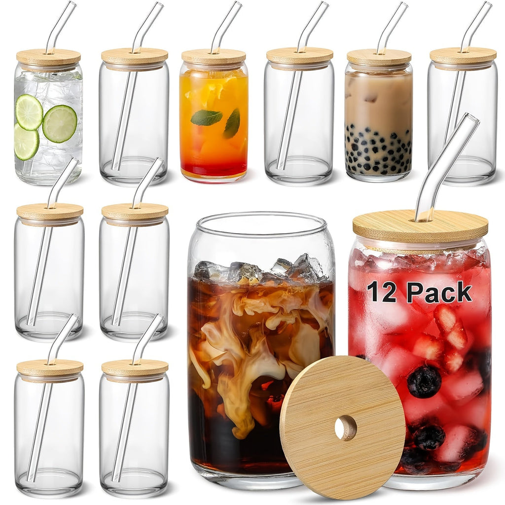 Glass Coffee Mug with Bamboo Lid & Straw | Iced Coffee Glass Cup Set, Mason Jar Mug, Reusable Drinking Glasses, Holiday Gift