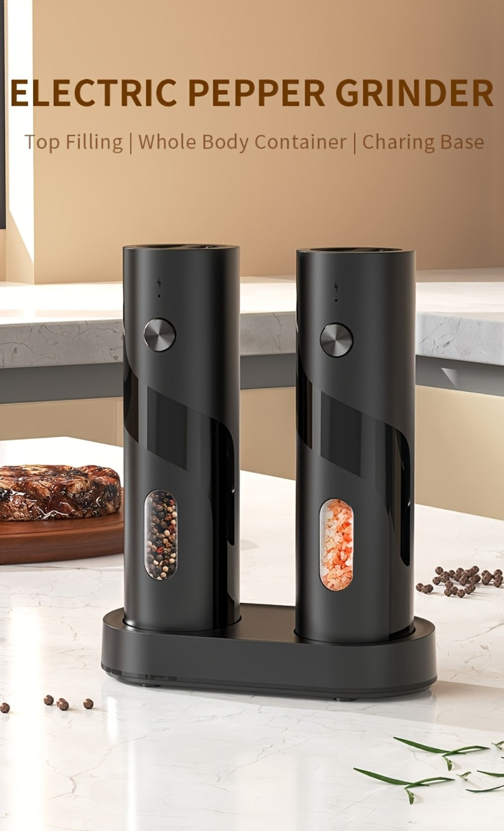 Electric Salt and Pepper Grinder Set with LED Light, Rechargeable Automatic Salt Pepper Mill, Adjustable Coarseness 3.72oz Large Capacity, Kitchen BBQ Restaurant Outdoor Wedding Gift