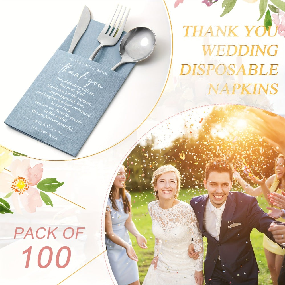 Wedding Cocktail Napkins 100pcs Thank You Napkins with Utensil Pocket Haze Blue Tissue Napkins for Bridal Shower Rehearsal Dinner Reception Party Supplies Newlyweds Guests