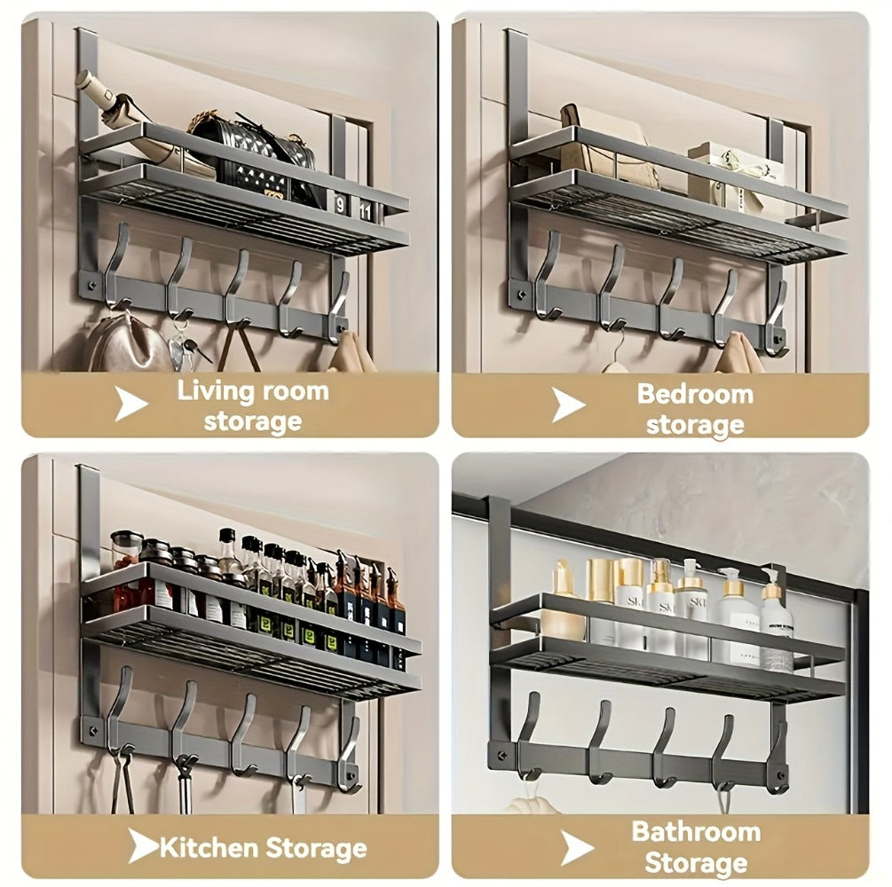 Over-the-Door Storage Rack with Hooks ¨C Metal Multifunctional Organizer for Bedroom Bathroom Kitchen, 4/5/6/8 Hook Options in Gray & Black