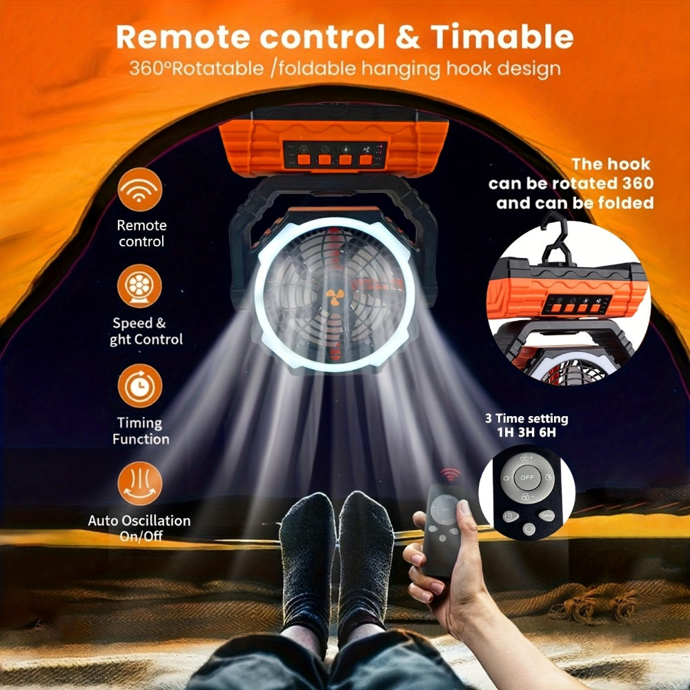 Camping Fan 20000mAh Battery Powered with 4 LED Lantern - Dual Motor 4-Speed Portable Outdoor Fan with Hook & Remote Control | Desktop Fan for Tent, Power Outage & Construction Site