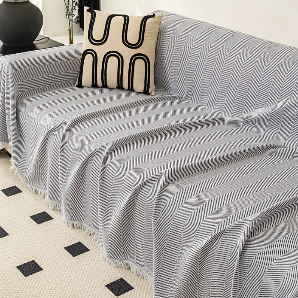 Herringbone Sofa Throw Cover with Tassels Jacquard Woven Solid Color Washable Polyester Sofa Blanket Slipcover for 3 4 Seater Couch Living Room - Grey Coffee Green Blue