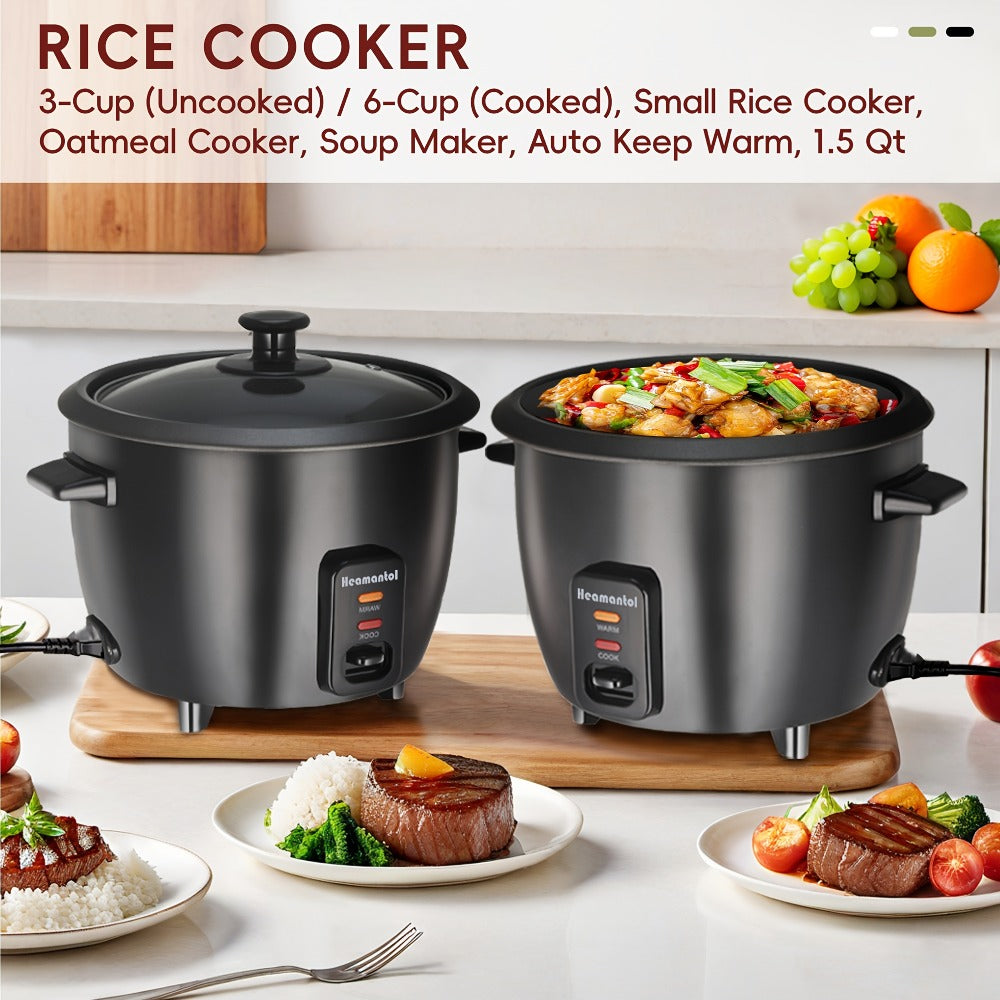 Rice Cooker 6-Cup Non-Stick with Yogurt Maker Function - 3-Cup Uncooked Grain Cooker with Removable Non-Stick Pot Auto Keep Warm One-Touch Operation, Compact Electric Rice Cooker for Home Dorm Office Black