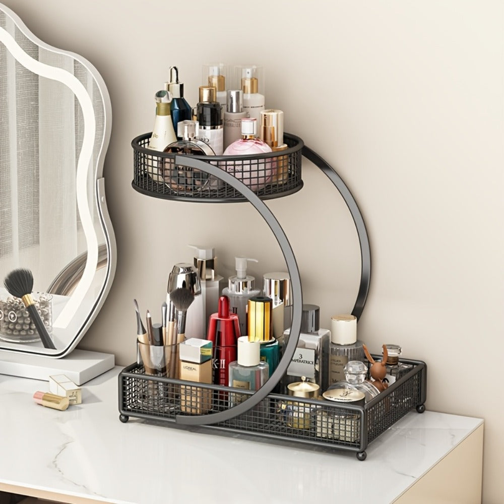 3-Tier Mesh Metal Bathroom Countertop Organizer - No-Installation Makeup Storage Rack, Tiered Vanity Shelf for Lipstick, Brushes & Skincare Bottles, Bronze Finish Space-Saving Cosmetic Organizer