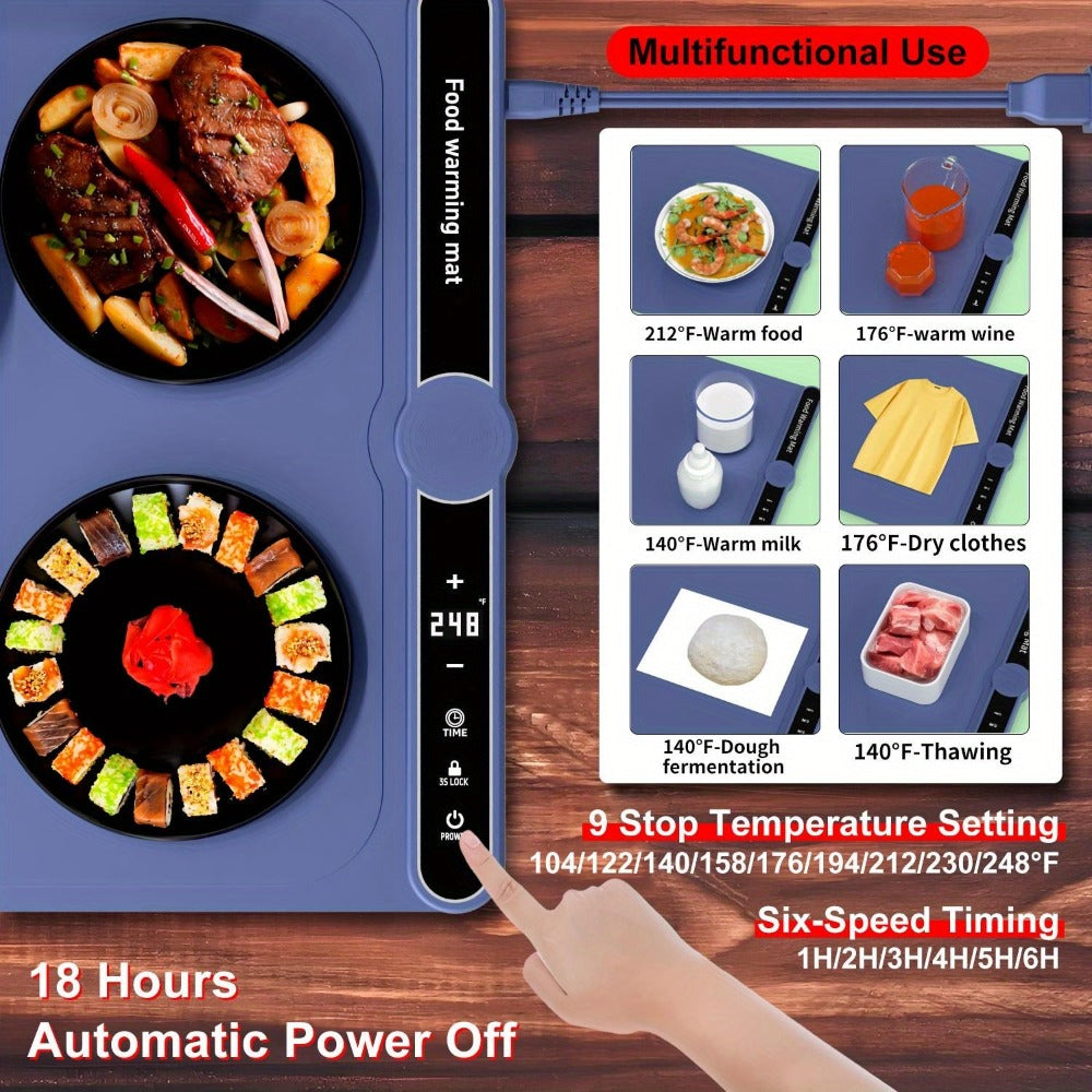 Electric Food Warming Mat with 6 Temperature Levels & 6-Hour Timer ¨C Full Surface Roll-Up Heating Tray for Holiday Parties Buffets Dining Table Keeps Food Warm Blue Beige