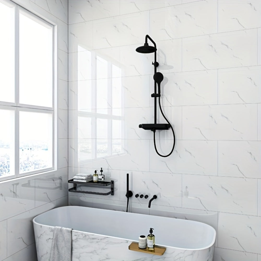 Marble Peel and Stick Wall Panels Self-Adhesive 3D Decorative Tiles - Glossy Marble Sheets for Bathroom Kitchen Living Room - Removable Vinyl Planks White Grey Black Imitation Stone DIY Home Decor