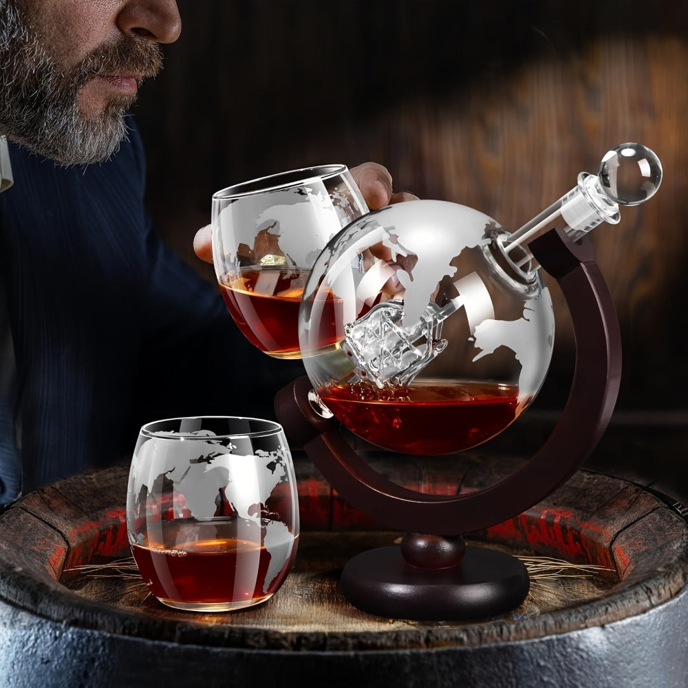 Whiskey Decanter Set with Glasses and Wooden Stand Ball Globe 28oz or Sailboat 44oz Etched Crystal Glass Cups for Whiskey Bourbon Scotch Birthday Wedding Anniversary Gift