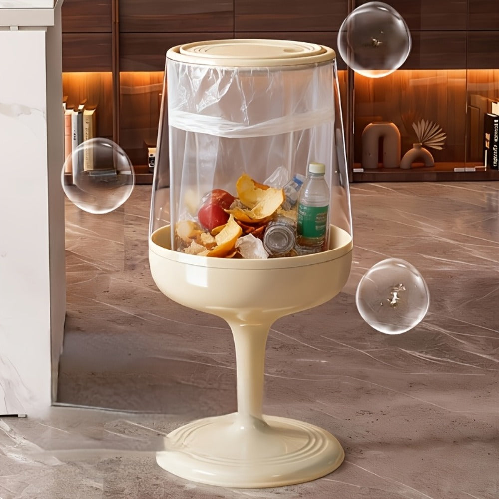 Wine Glass Shaped Trash Can Large Capacity Decorative Waste Bin with Press Pop Lid, No-Bend Standing Design, Luxury Stylish Dual-Bucket for Living Room Kitchen Bedroom Home Decor