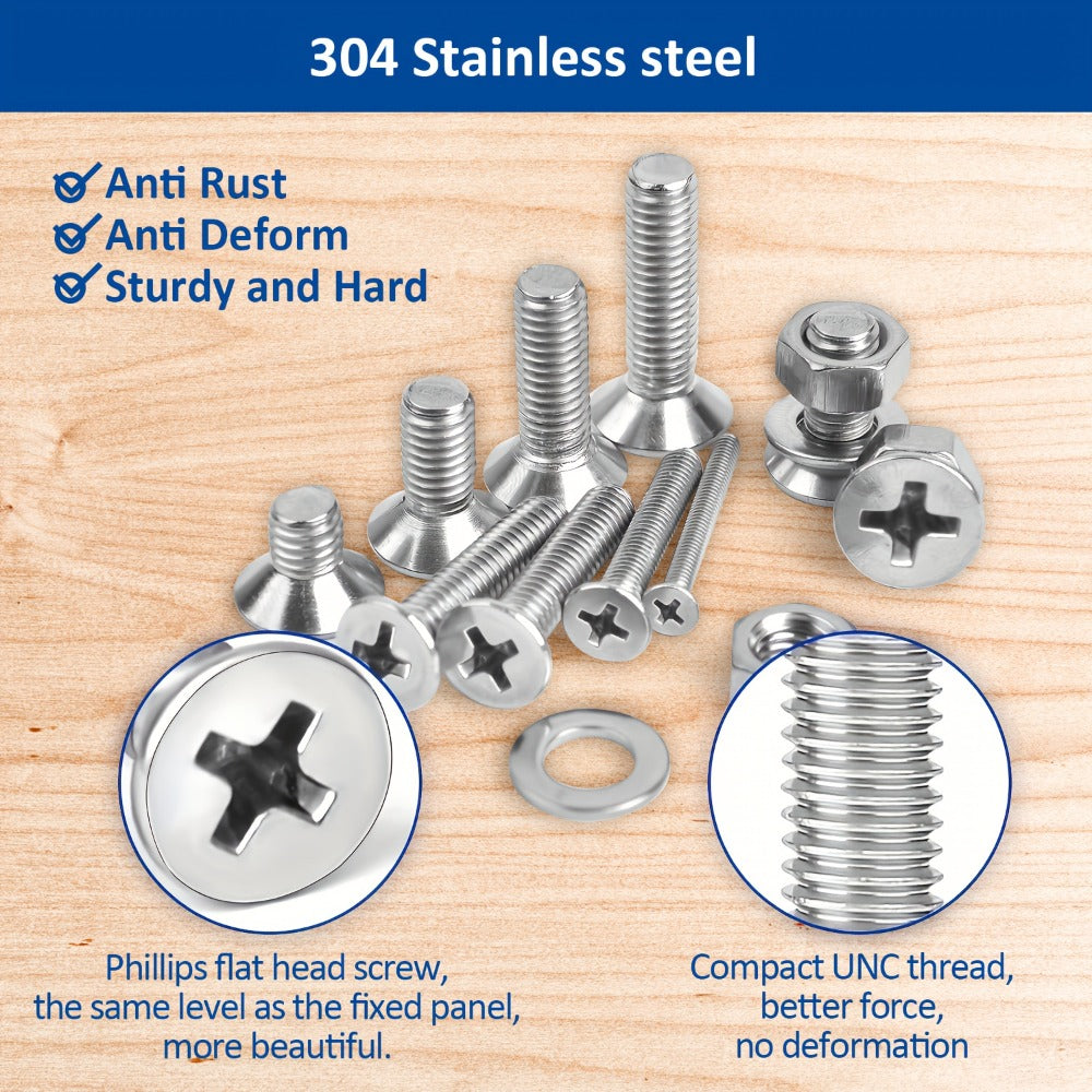 1575pcs 304 Stainless Steel Nuts and Bolts Assortment Kit ¨C Pan Head Flat Head Screws Nuts Washers with Double-Sided Storage Box for Home & Mechanical Repairs