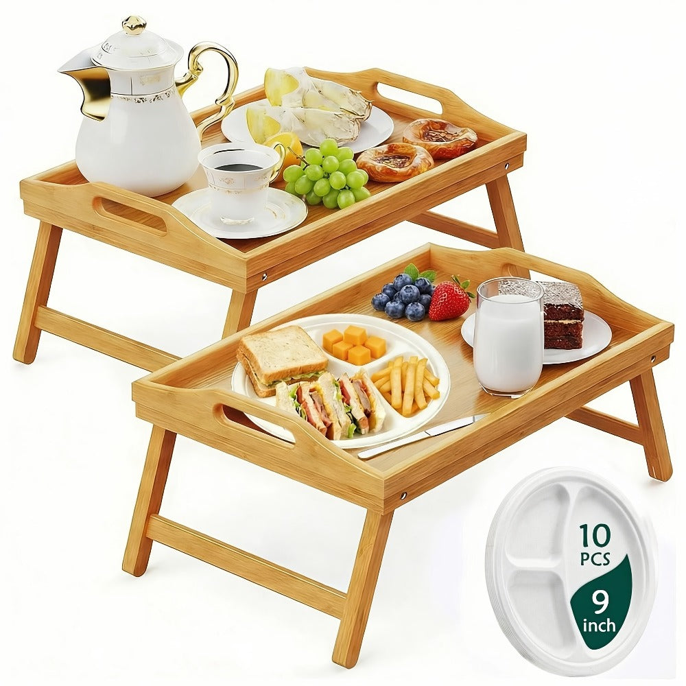 Bamboo Bed Tray Table with Foldable Legs & Handles, Breakfast Tray for Eating, Working & Snacking in Bed ¡ª Food-Safe, Durable Lap Desk | White, Black, Natural Bamboo | 1 or 2 Pack