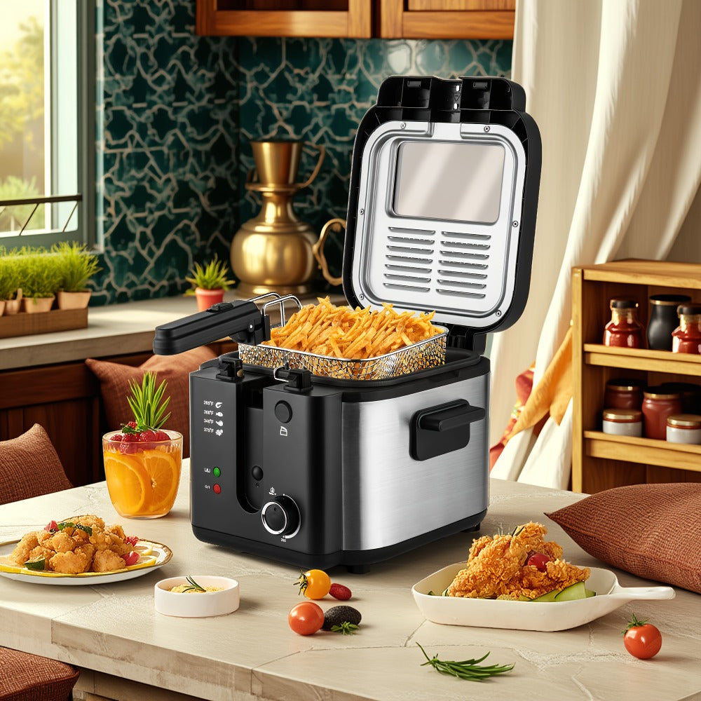 Deep Fryer with Basket 1500W | Adjustable Temperature, Removable Lid & Non-Stick Interior Pot, Viewing Window, Dishwasher-Safe Basket for Home Electric Frying ¨C 1.5L & 2.5L Options, Black