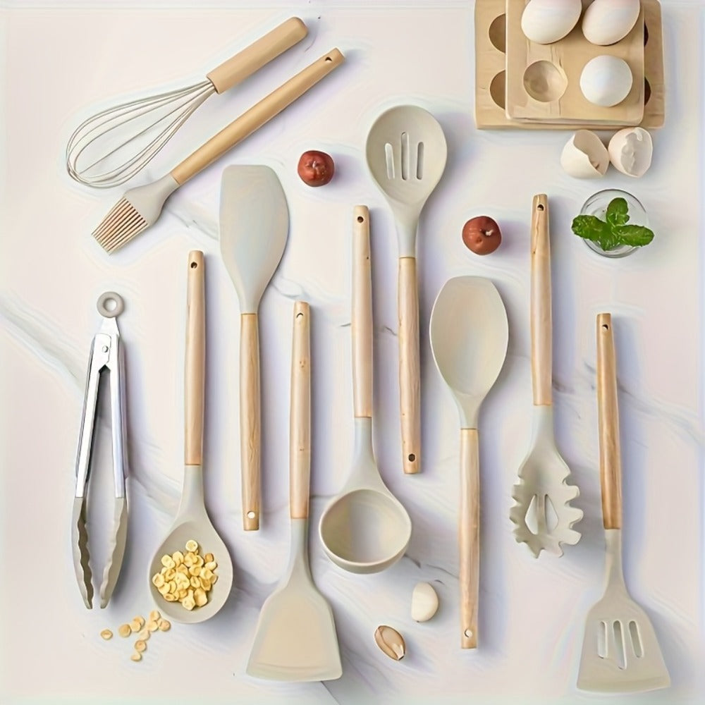 Silicone Kitchen Utensil Set 13 Piece with Wooden Handles Non-Stick Safe Heat Resistant Cooking Tools Spatula Spoon Ladle Set for Cooking Baking Dorm Essentials