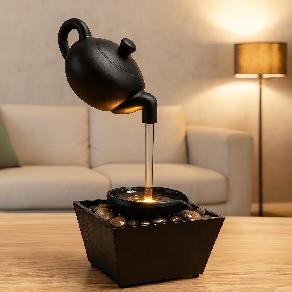 Tabletop Water Fountain with LED Light Zen Teapot Indoor Relaxation Fountain Black Resin Pebble Bed Soothing Water Flow Meditation Decor Home Office Desk Zen Garden Gift