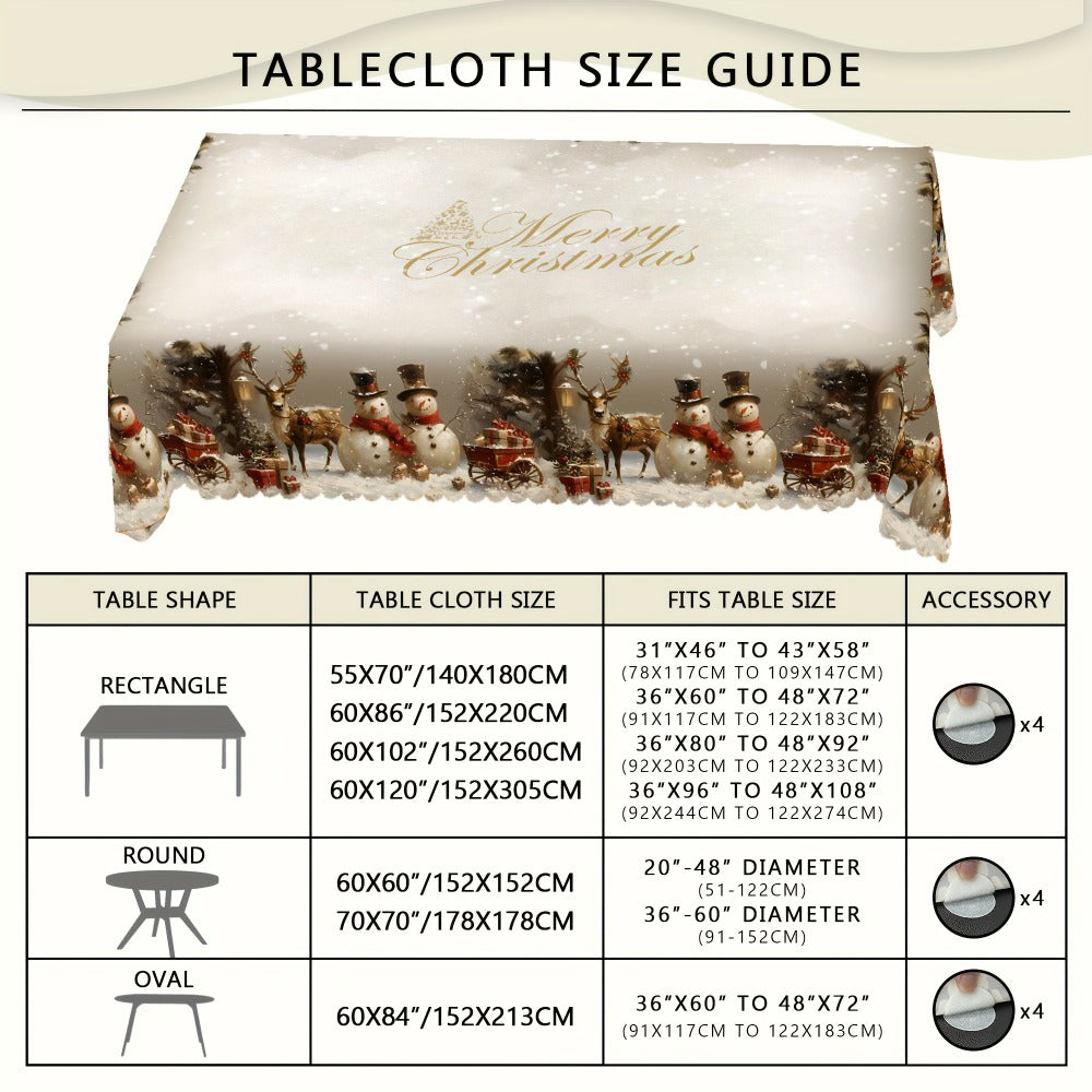 Christmas Tablecloth Vintage Snowman Reindeer Christmas Tree Red Holiday Table Cover for Rectangular Round Oval Tables Durable Polyester Fabric Party Home Restaurant Decorations