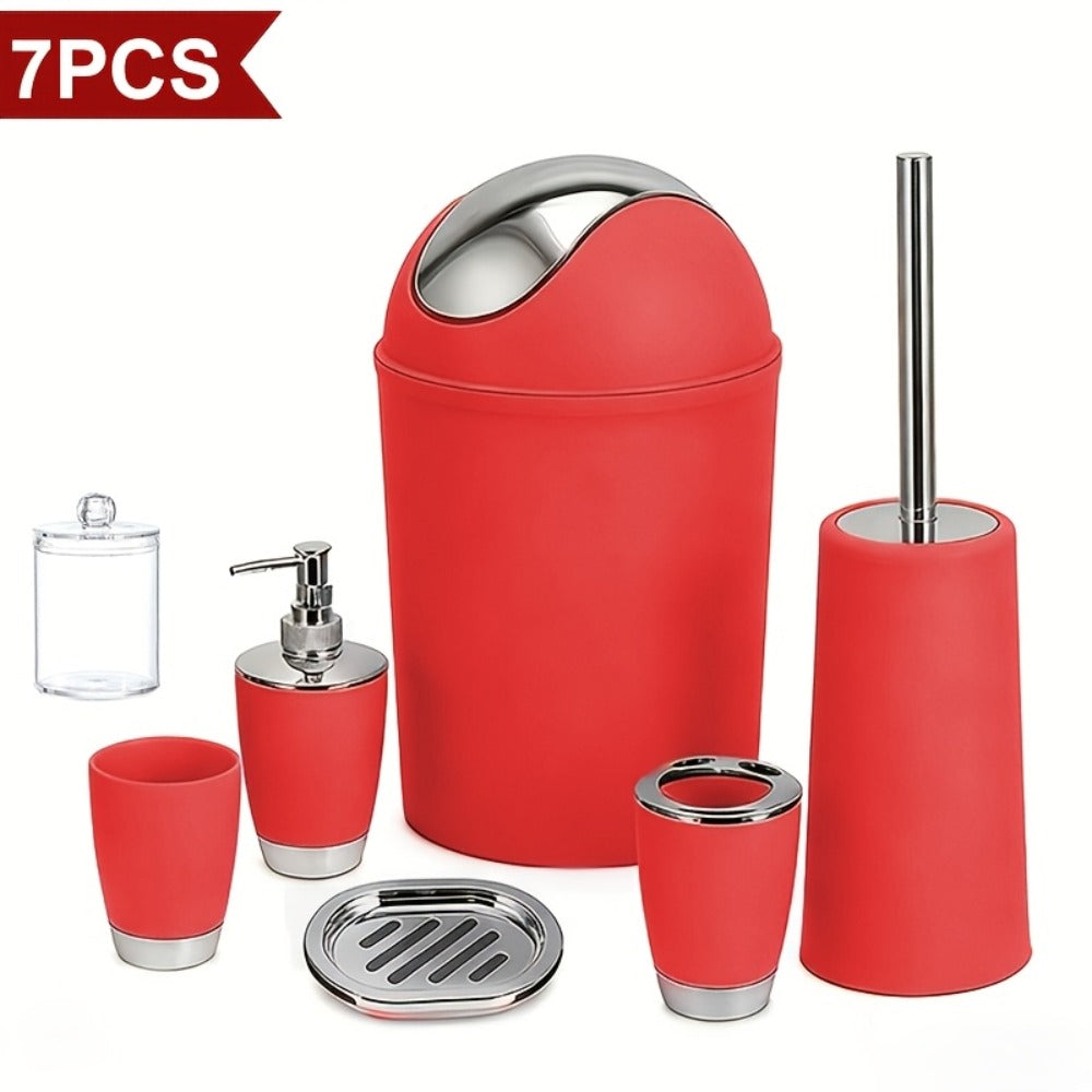 Bathroom Accessory Set 7 Piece - Luxury Modern Complete Bath Set with Trash Can Toilet Brush Lotion Dispenser Soap Dish Mouthwash Cup Toothbrush Holder | Space Saving Easy Clean Housewarming Gift 7 Colors
