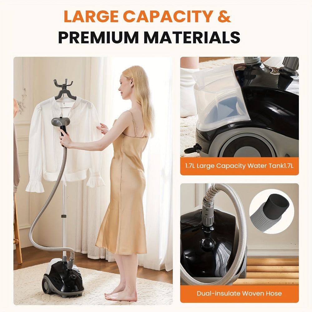 Garment Steamer Hanging Iron Machine 1500W, Vertical Steam Iron with 1.8L Large Water Tank, 60 Min Continuous Steam, 45s Fast Heat-Up, Roll Wheels, Adjustable Handheld Steamer for Clothes Home Commercial