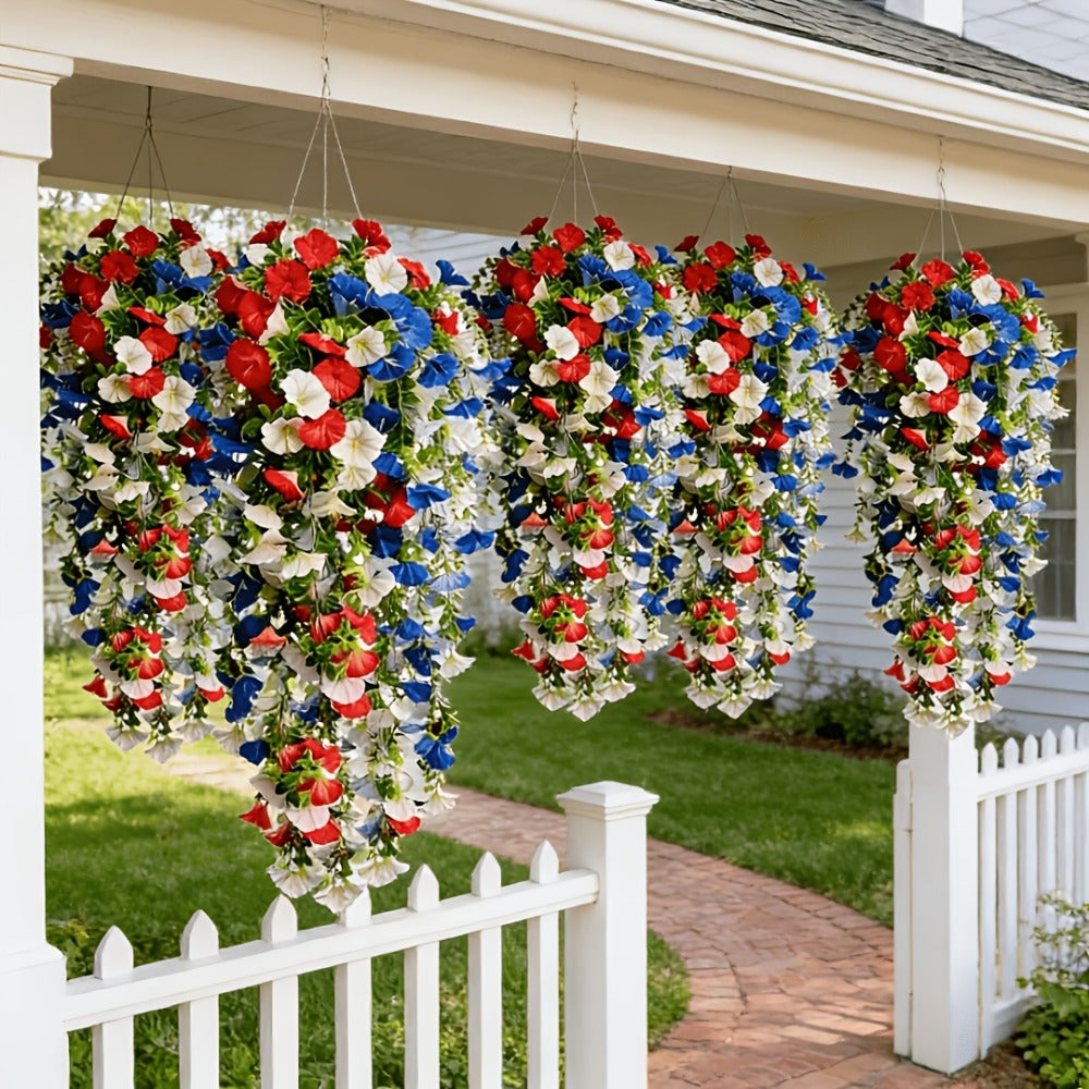 Artificial Hanging Morning Glory Flowers 6pcs - Red White Blue Fake Flower Vines for Home Garden Outdoor Indoor Decor, Independence Day Memorial Day Decoration, No Maintenance Plastic Blooms