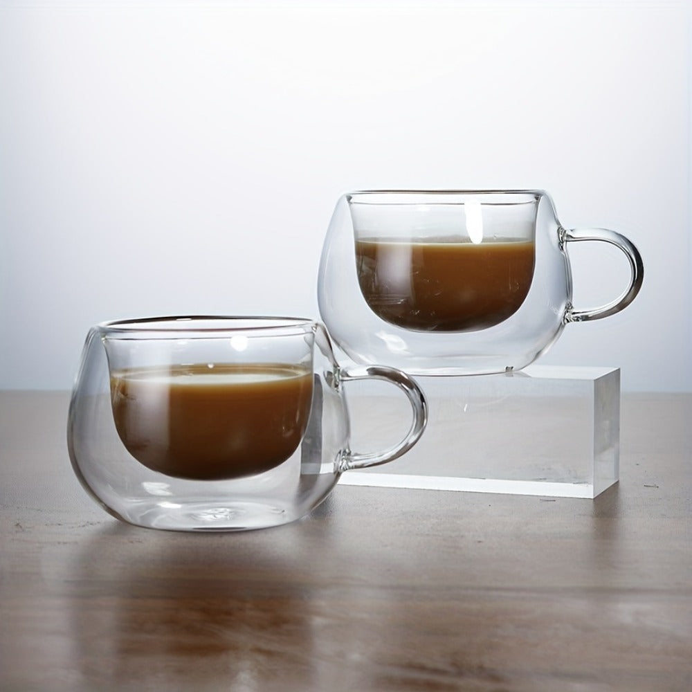 Double Wall Glass Coffee Cups with Handle Insulated Transparent Borosilicate Espresso Cappuccino Latte Tea Cups Set - Clear Heat Resistant Beverage Glasses for Hot & Cold Drinks