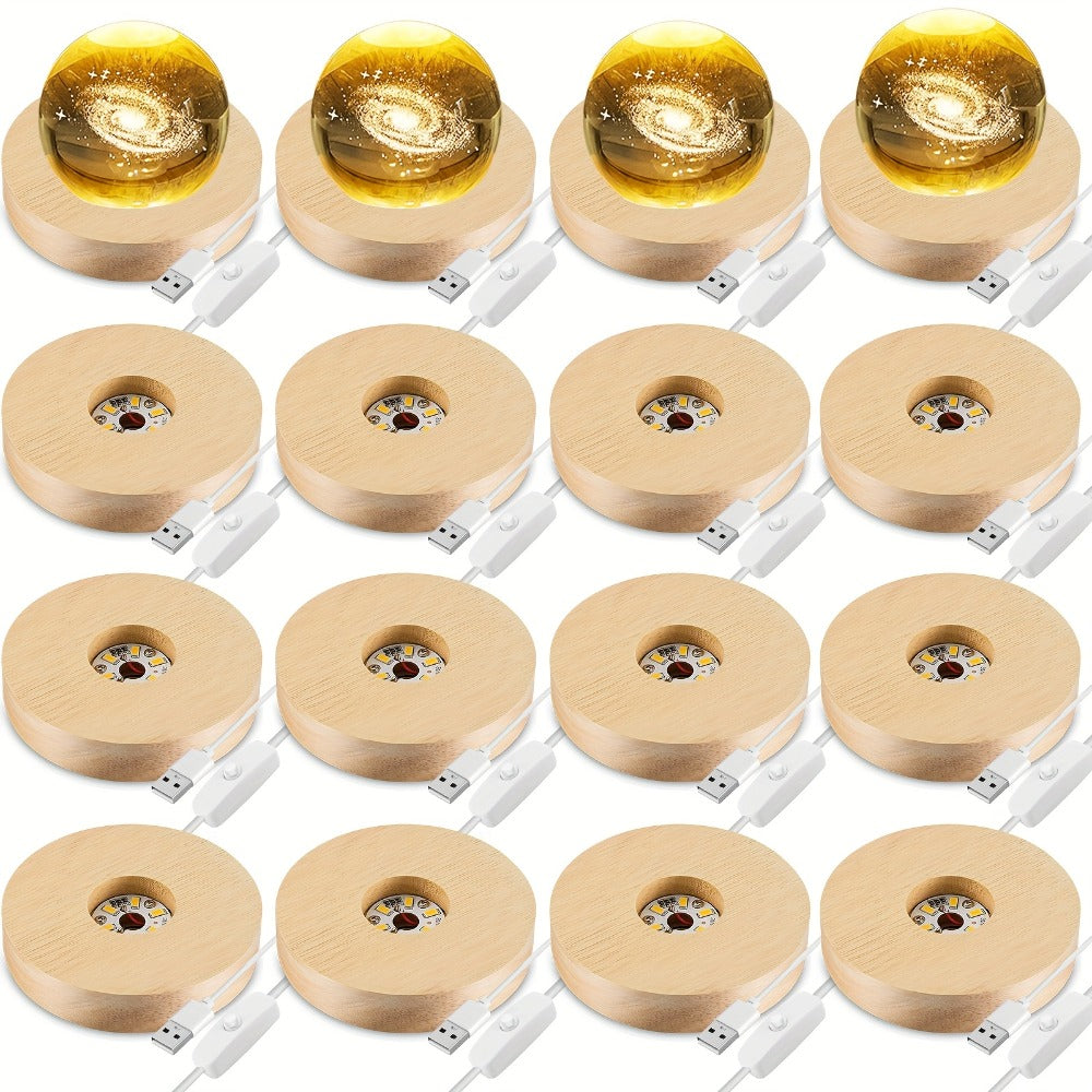 LED Light Base Wooden Display Stand 16 Pack USB Powered Warm White Light Base for 3D Crystal Glass Resin Art Trophy Figurine Night Light Display Pedestal Party Favor Gift Wood Color