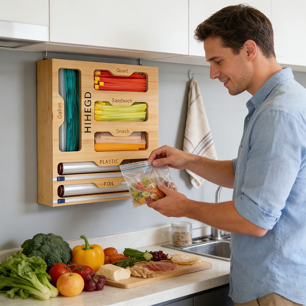 Bamboo Wrap Dispenser 6-in-1 Kitchen Organizer ¨C Built-In Cutter, 6-Grid Storage Box for Plastic Wrap, Aluminum Foil & Bags, Space-Saving Drawer Organizer for Pantry & Kitchen Counter